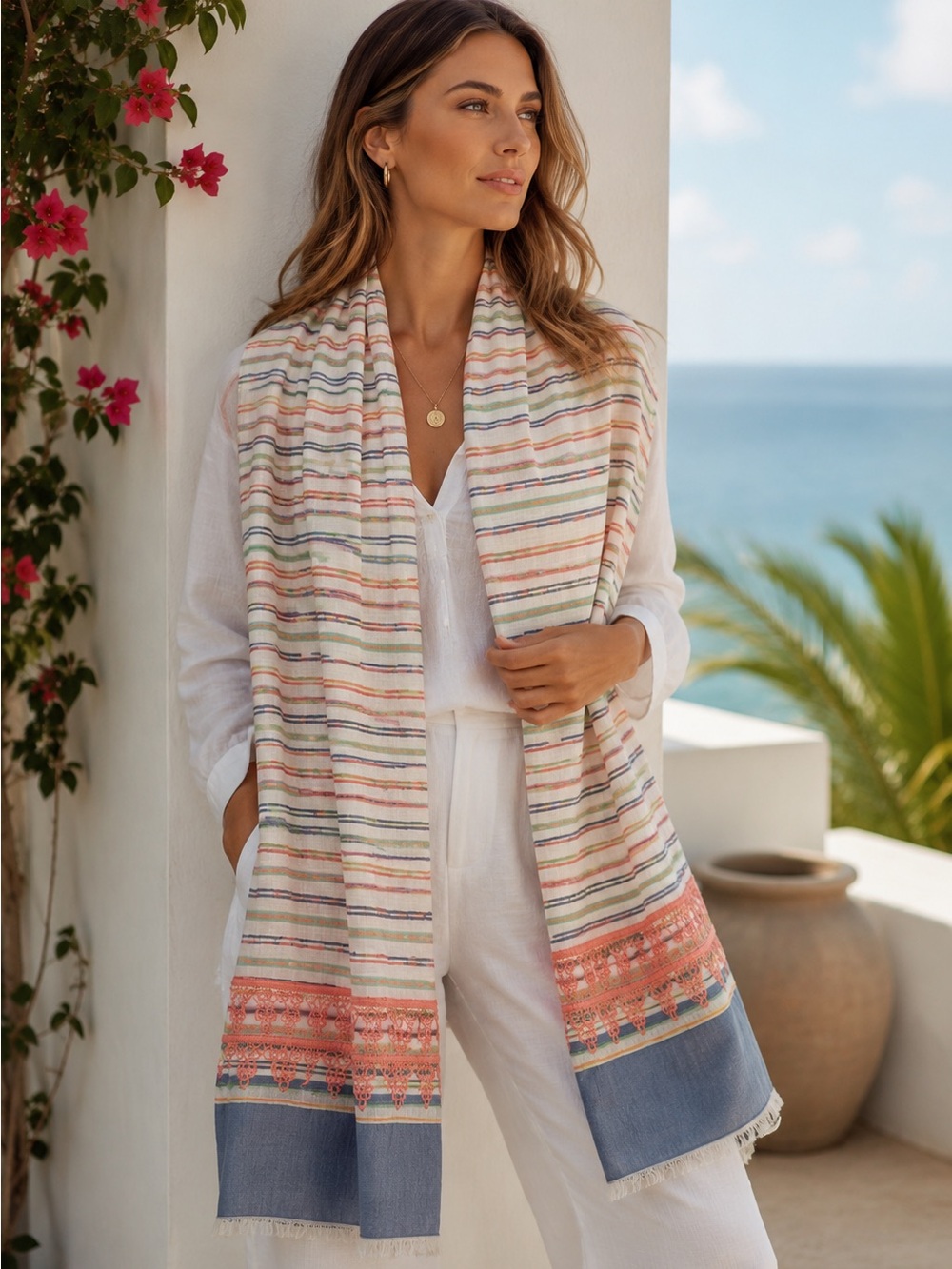 Talbots Oversized Cotton Gauze Scarf Coral Crochet Trim Striped Boho Coastal